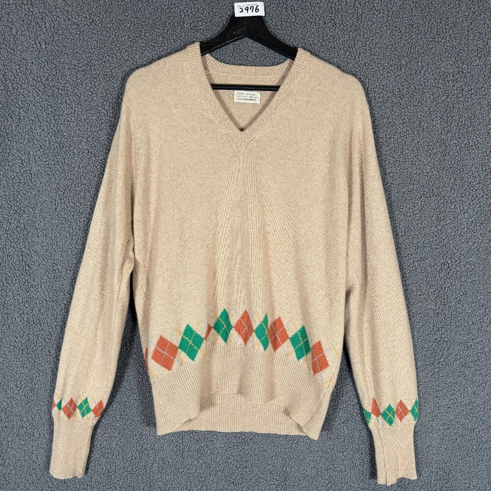 Hand Intarsia Cashmere Made in Great Britain V Neck Argyle Sweater Men's Size M